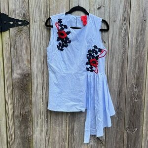 CRISTINA BLUE White Pin Stripe Raised Floral Boho Sleeveless Top Women’s Large